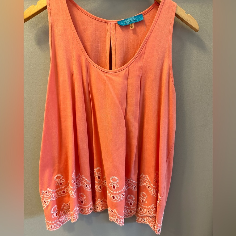 Coral size S rayon sleeveless blouse with eyelet embroidery at the bottom